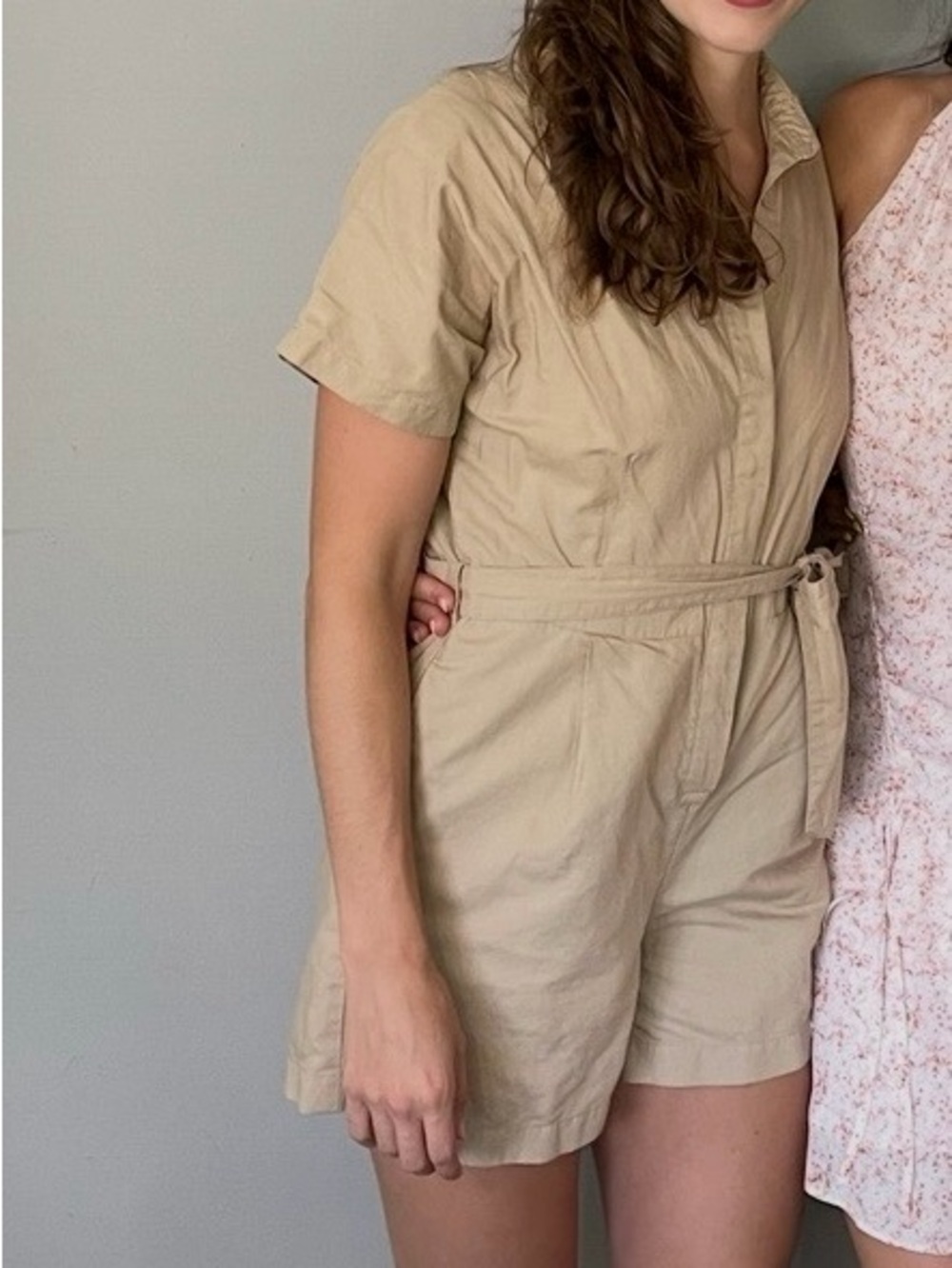 Uniqlo Khaki Short-Sleeve Tie-Waist Romper